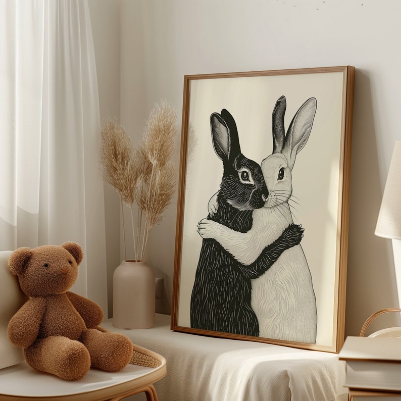 Rabbit Art Print, Rustic Cottage Aesthetic, Bunnies, Farmhouse Nursery, Instant Download, Poster Print, Rabbit Artwork, Folk Art Printable, Hygge Art, Scandinavian Minimalist, Black and White, Monochrome, Modern Art, Friendship, Vintage Illustration