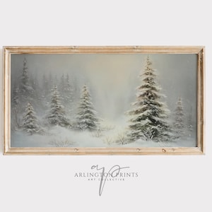 Panoramabild av vinterlandskap, vintagetryck med snöiga julgranar, dekoration ovanför sängen, bred neutral väggdekoration för högtider 6-21