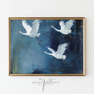 Impresión abstracta de pájaros, arte mural de grullas voladoras azules y verdes, decoración ecléctica maximalista imprimible, decoración de sala de estar C12