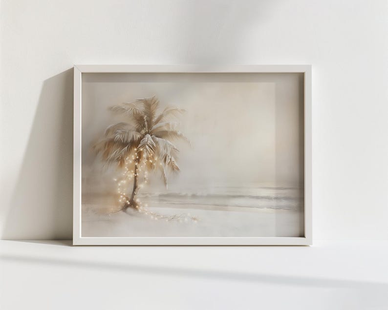 Vintage Christmas Palm Tree Painting, Winter Beach Cottage, Printable