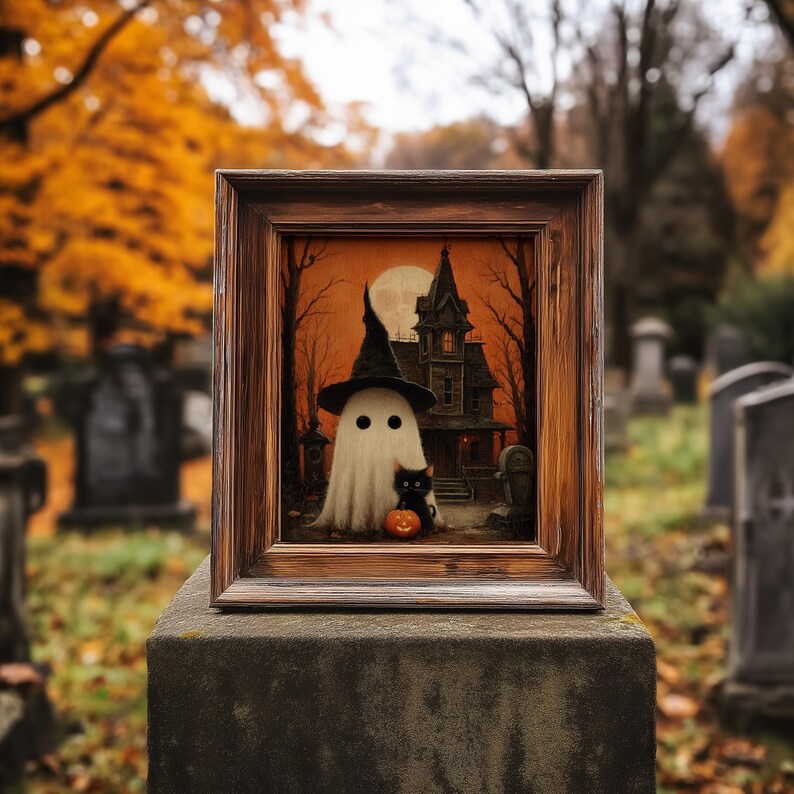 Vintage-style Halloween wall art featuring a cute ghost in a witch hat, a black cat with a glowing pumpkin, and a haunted house under a full moon. Perfect printable art for spooky and gothic Halloween decor.