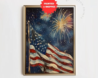 Arte mural vintage del 4 de julio, arte con bandera estadounidense y fuegos artificiales, impresión del 4 de julio, póster patriótico del Día de la Independencia de EE. UU., impresión enviada por correo