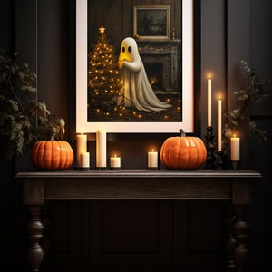 Christmas Halloween Art, Cute Ghost, Christmas Tree, Digital Download, Cottagecore, Haunted House Painting, Cute Sheet Ghost, Home Decor, Christmas Decorations, Ghost Decorating the Tree, Adorable Winter Wall Art, Rustic Cottage Print, Vintage Vibes