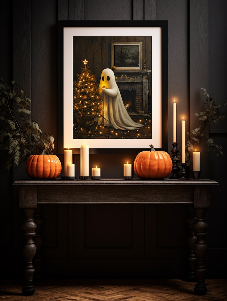 Christmas Halloween Art, Cute Ghost, Christmas Tree, Digital Download, Cottagecore, Haunted House Painting, Cute Sheet Ghost, Home Decor, Christmas Decorations, Ghost Decorating the Tree, Adorable Winter Wall Art, Rustic Cottage Print, Vintage Vibes