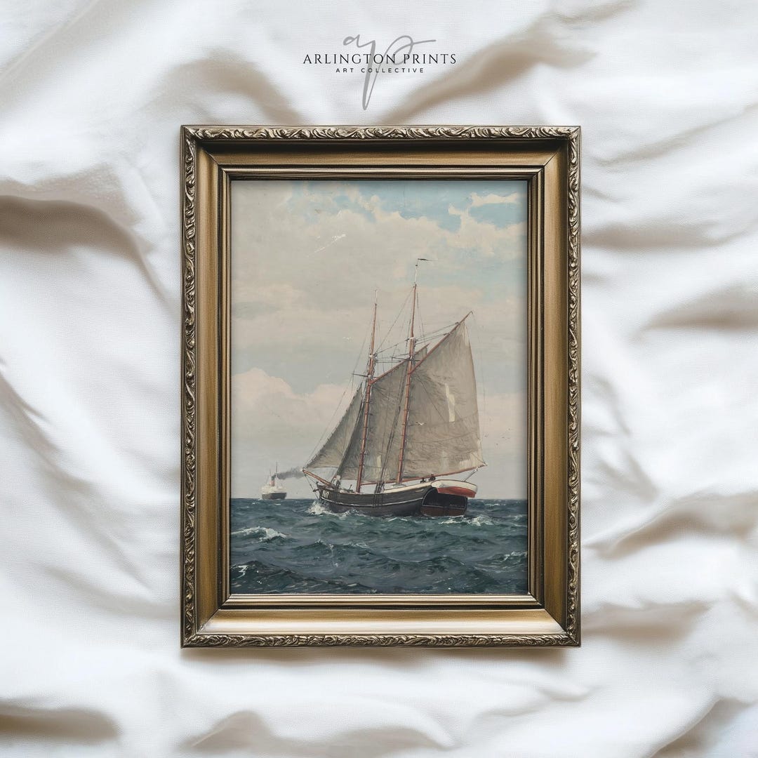 Vintage Ship Wall Art Print, Rustic Seascape Painting, Nautical Coastal ...