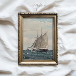 Vintage Ship Wall Art Print, Rustic Seascape Painting, Nautical Coastal Decor, PRINTABLE Old Sailing Ship TD02