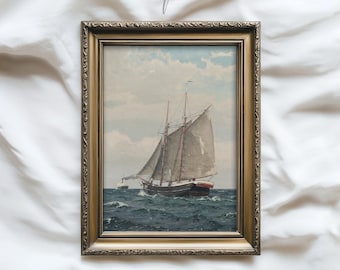 Impresión de arte mural de barco vintage, pintura rústica de paisaje marino, decoración costera náutica, velero antiguo imprimible TD02
