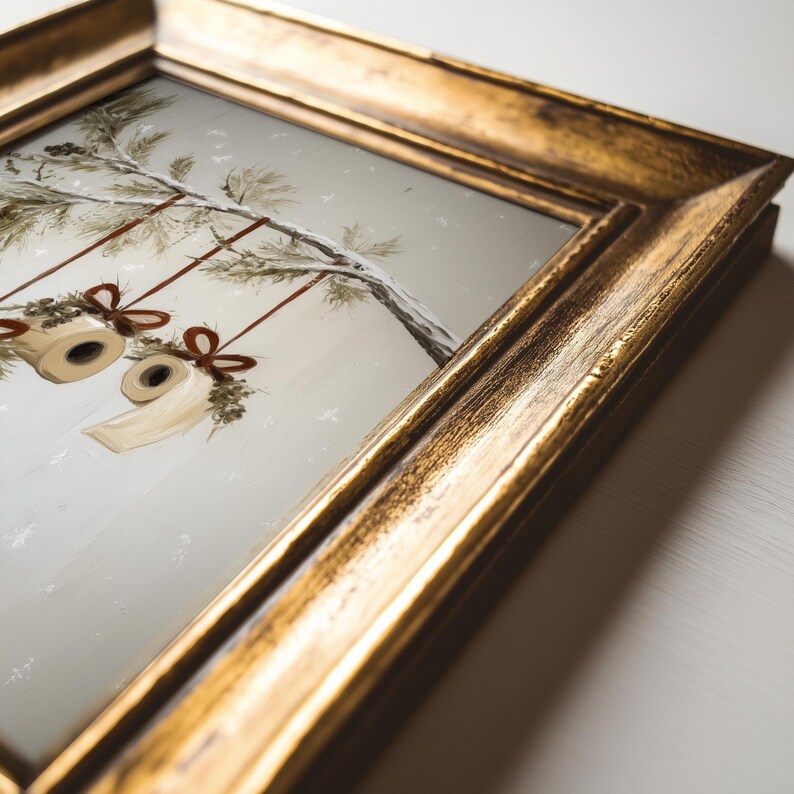 Funny Christmas bathroom print featuring toilet paper ornaments with red bows and greenery on a snowy pine branch, humorous holiday wall art digital download.