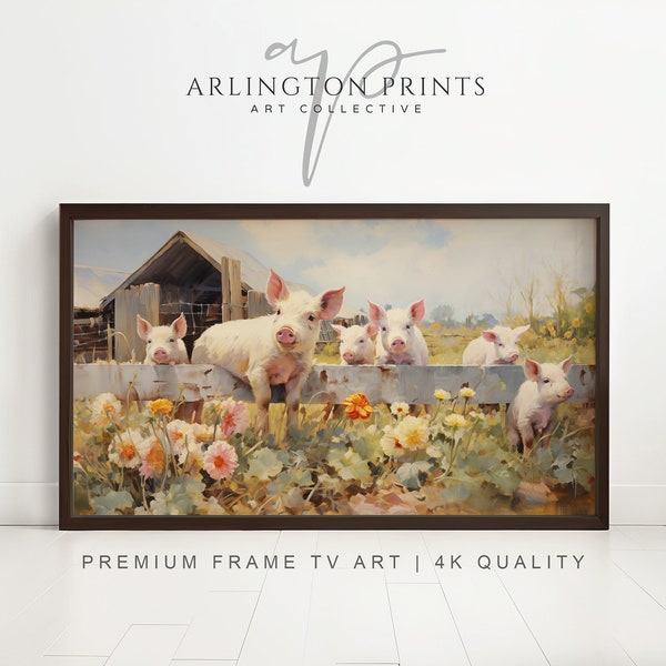 Samsung Frame TV Art | Farm Pigs Oil Painting | Farmhouse Digital Art | Spring Wildflowers | Antique Pig Painting