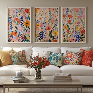 Colorful Retro Flower Prints Set of 3, Printable Matisse Style Wildflowers Wall Art, Bright Cheerful Home Decor, Vintage Style Art Prints, Digital Download Art, Henri Matisse Aesthetic, Modern Abstract Art, Gallery Wall, Spring and Summer Prints