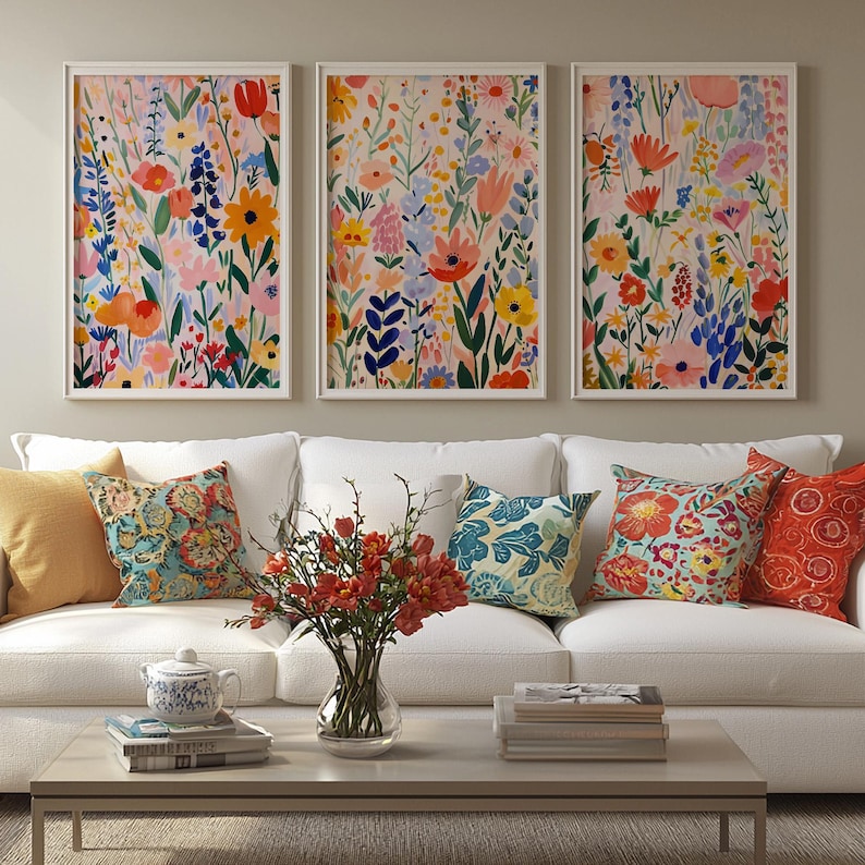 Colorful Retro Flower Prints Set of 3, Printable Matisse Style Wildflowers Wall Art, Bright Cheerful Home Decor, Vintage Style Art Prints, Digital Download Art, Henri Matisse Aesthetic, Modern Abstract Art, Gallery Wall, Spring and Summer Prints