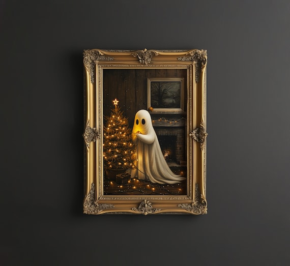 Christmas Halloween Art, Cute Ghost, Christmas Tree, Digital Download, Cottagecore, Haunted House Painting, Cute Sheet Ghost, Home Decor