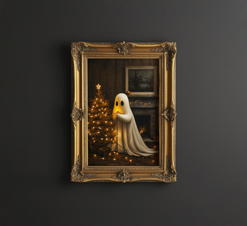 Christmas Halloween Art, Cute Ghost, Christmas Tree, Digital Download, Cottagecore, Haunted House Painting, Cute Sheet Ghost, Home Decor, Christmas Decorations, Ghost Decorating the Tree, Adorable Winter Wall Art, Rustic Cottage Print, Vintage Vibes