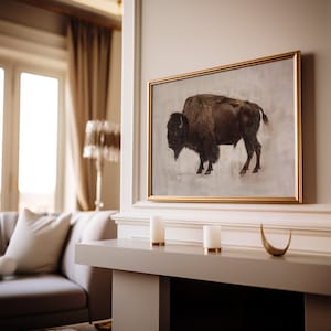 Digital art of a buffalo in side profile, with rich brown fur and a neutral painted backdrop. A strong and serene piece for rustic interiors or nature lovers.
