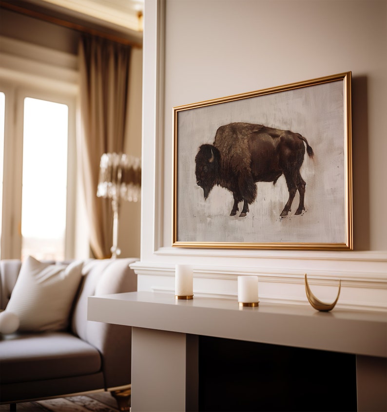 Digital art of a buffalo in side profile, with rich brown fur and a neutral painted backdrop. A strong and serene piece for rustic interiors or nature lovers.