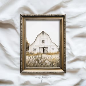 Lámina imprimible rústica de granero, pintura de granero blanco, decoración rústica de verano para casa de campo, lámina campestre, descarga digital