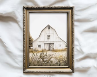 Printable Rustic Barn Art, White Barn Painting, Rustic Farmhouse Summer Decor, Countryside Print, Digital Download