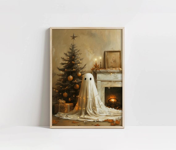 Christmas Halloween Art, Cute Ghost, Christmas Tree, Digital Download, Cottagecore, Haunted House Painting, Cute Sheet Ghost, Home Decor