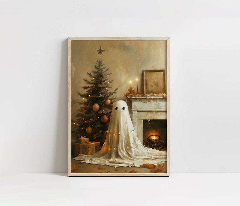Christmas Halloween Art, Cute Ghost, Christmas Tree, Digital Download, Cottagecore, Haunted House Painting, Cute Sheet Ghost, Home Decor, Christmas Decorations, Ghost Decorating the Tree, Adorable Winter Wall Art, Rustic Cottage Print, Vintage Vibes