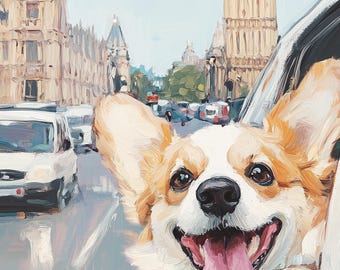 かわいいロンドン コーギー プリント、印刷可能な英国の壁アート