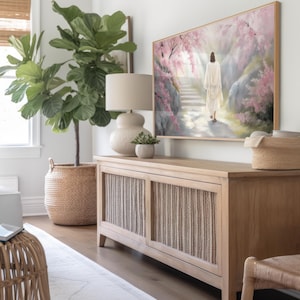 Frame TV art featuring Jesus Christ resurrected, walking up a path surrounded by glowing cherry blossom trees, in a soft pastel spring setting. Spiritual and serene Christian artwork designed for Samsung Frame TV, ideal for Easter and springtime décor.