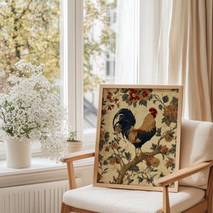 Vintage-style digital art of a colorful rooster perched on a branch surrounded by rustic floral illustrations, ideal for farmhouse kitchen decor.