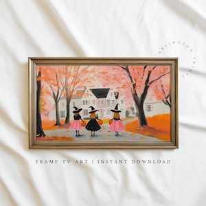 Halloween Frame TV Art, Whimsical Pink Witches Wall Art, Trick Or Treat, Spooky Cute Art File For TV, Fall Landscape Art File For TV S53