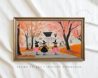 Halloween Frame TV Art, Whimsical Pink Witches Wall Art, Trick Or Treat, Spooky Cute Art File For TV, Fall Landscape Art File For TV S53