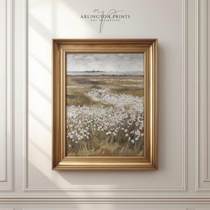 Neutral spring wildflower meadow wall art featuring white floral field landscape in soft beige and cream tones, minimalist nature printable decor