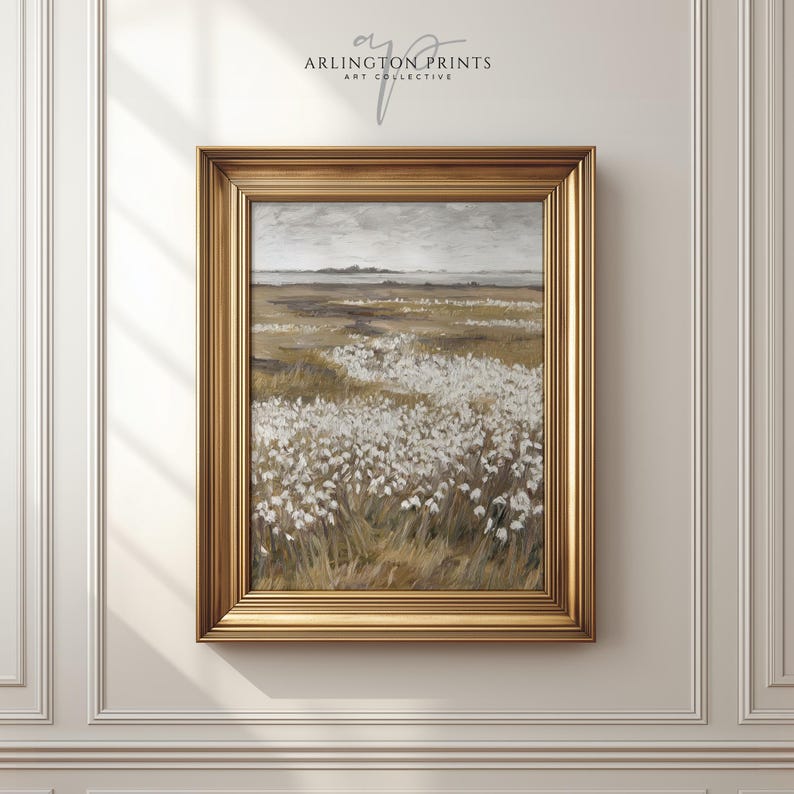 Neutral spring wildflower meadow wall art featuring white floral field landscape in soft beige and cream tones, minimalist nature printable decor