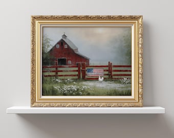 Patriotic Barn Wall Art, 4th of July Printable, Vintage Red Barn with American Flag, Rustic Farmhouse Summer Decor B892