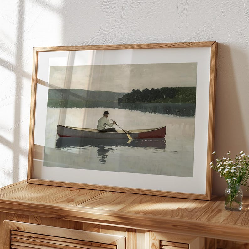 Vintage Lake Landscape Painting, Man Paddling in Canoe, Printable