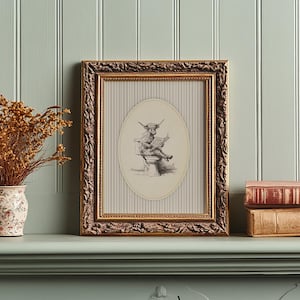 funny highland cow bathroom print unframed cow sitting on toilet reading newspaper rustic farmhouse humorous wall art animal sketch