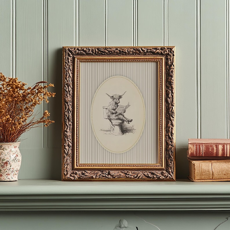 funny highland cow bathroom print unframed cow sitting on toilet reading newspaper rustic farmhouse humorous wall art animal sketch