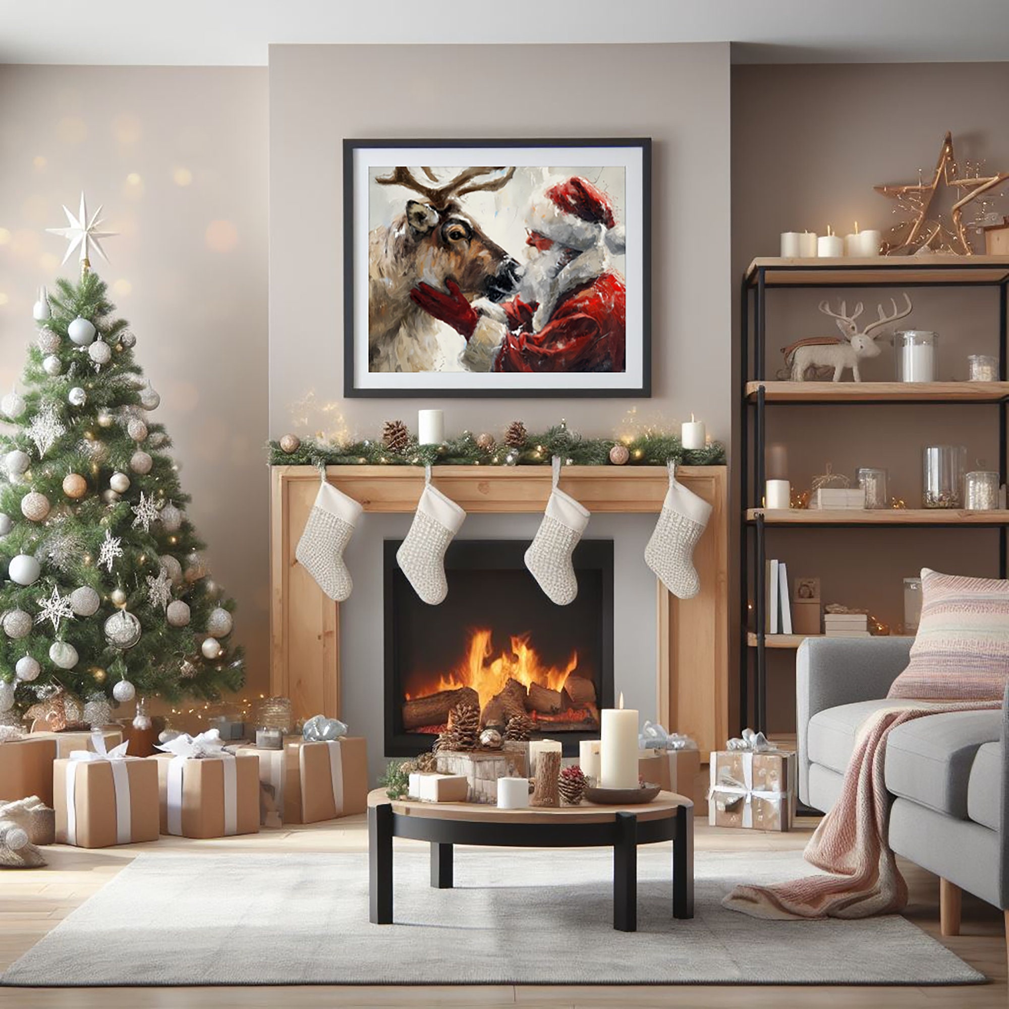 NOHF Poster di Natale con Babbo Natale e renne natalizie, stampa artistica da parete, stile retrò, decorazione estetica per la stanza, 50 x 75 cm, senza cornice