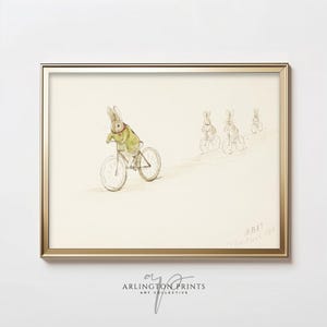 Antique Nursery Art Print, Beatrix Potter Bunnies on Bikes, Rabbit Art, PRINTABLE Neutral Nursery Decor, Vintage Children&#39;s Book Wall Art