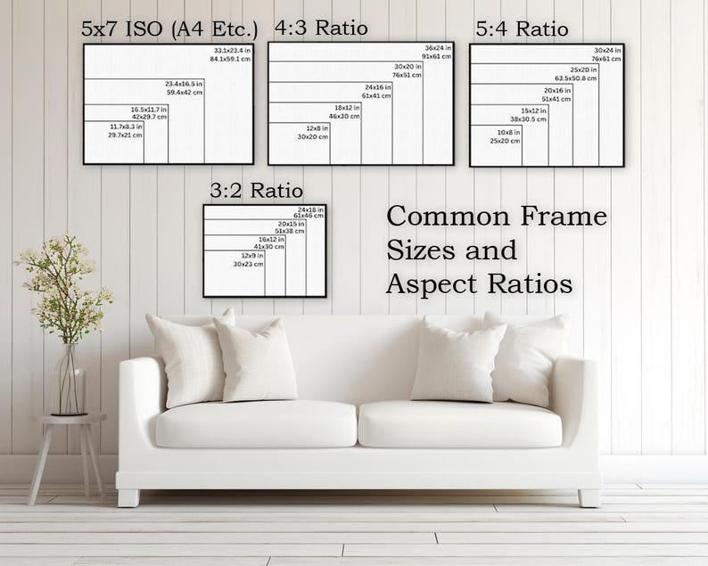 May include: A white couch with two white pillows in front of a white wall with black framed charts showing common frame sizes and aspect ratios in inches and centimeters. The charts are labeled with the aspect ratios 5x7 ISO (A4 Etc.), 4:3, 3:2, and 5:4.
