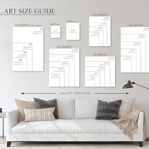 May include: Wall art size guide showing different aspect ratios and dimensions, including 5x7 inch, 11x14 inch, and 24x36 inch sizes. The sofa width is 228cm wide.