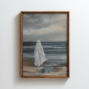 Ghost on Beach Wall Art, Printable Halloween Decor, Neutral Coastal Oil Painting, Spooky Ghost Painting A23