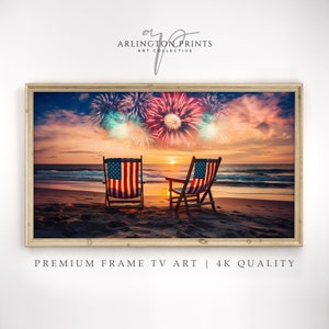 Summer Frame TV Art, 4th of July Beach Fireworks Painting, Fourth of July Americana Art, Patriot Frame TV Art, Instant Download