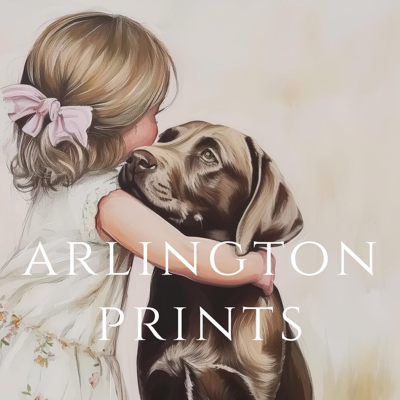 Vintage Nursery Wall Art of Little Girl Hugging Dog, Tender Child and Puppy Painting, Sweet Friendship Artwork, Neutral Baby Room Decor, Farmhouse Kids Print