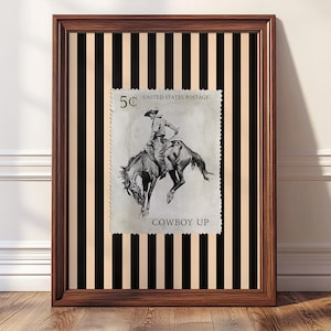 Cowboy Up Wand Kunst Druck, Vintage Briefmarke Poster, Western Rodeo Dekor mit Streifen, Rustikaler Ranch Stil Wand Druck