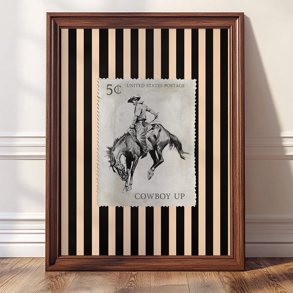 Cowboy Up Wall Art Print, Vintage Stamp Poster, Western Rodeo Decor with Stripes, Rustic Ranch Style Wall Print