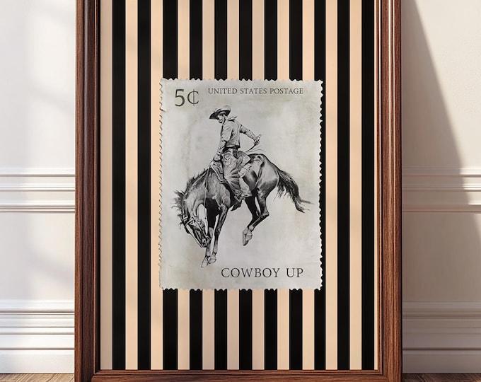 Cowboy Up Wall Art Print, Vintage Stamp Poster, Western Rodeo Decor with Stripes, Rustic Ranch Style Wall Print