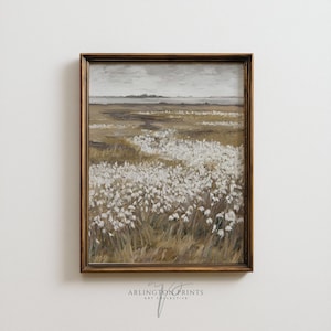 Neutral spring wildflower meadow wall art featuring white floral field landscape in soft beige and cream tones, minimalist nature printable decor