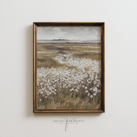 Neutral Wildflower Meadow Wall Art, White Floral Field Landscape Print, Minimal Rustic Decor 16701