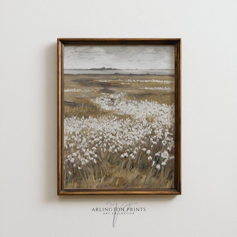Neutral spring wildflower meadow wall art featuring white floral field landscape in soft beige and cream tones, minimalist nature printable decor