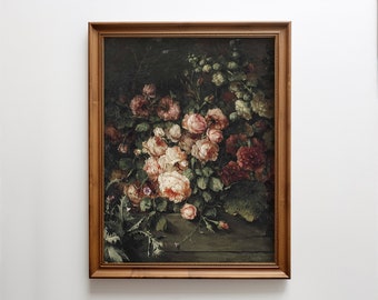 Nature Wall Art, Vintage Roses, Antique Floral, Spring Wall Art, Instant Download, Vintage Oil Painting, Dark Cottagecore, Art Print