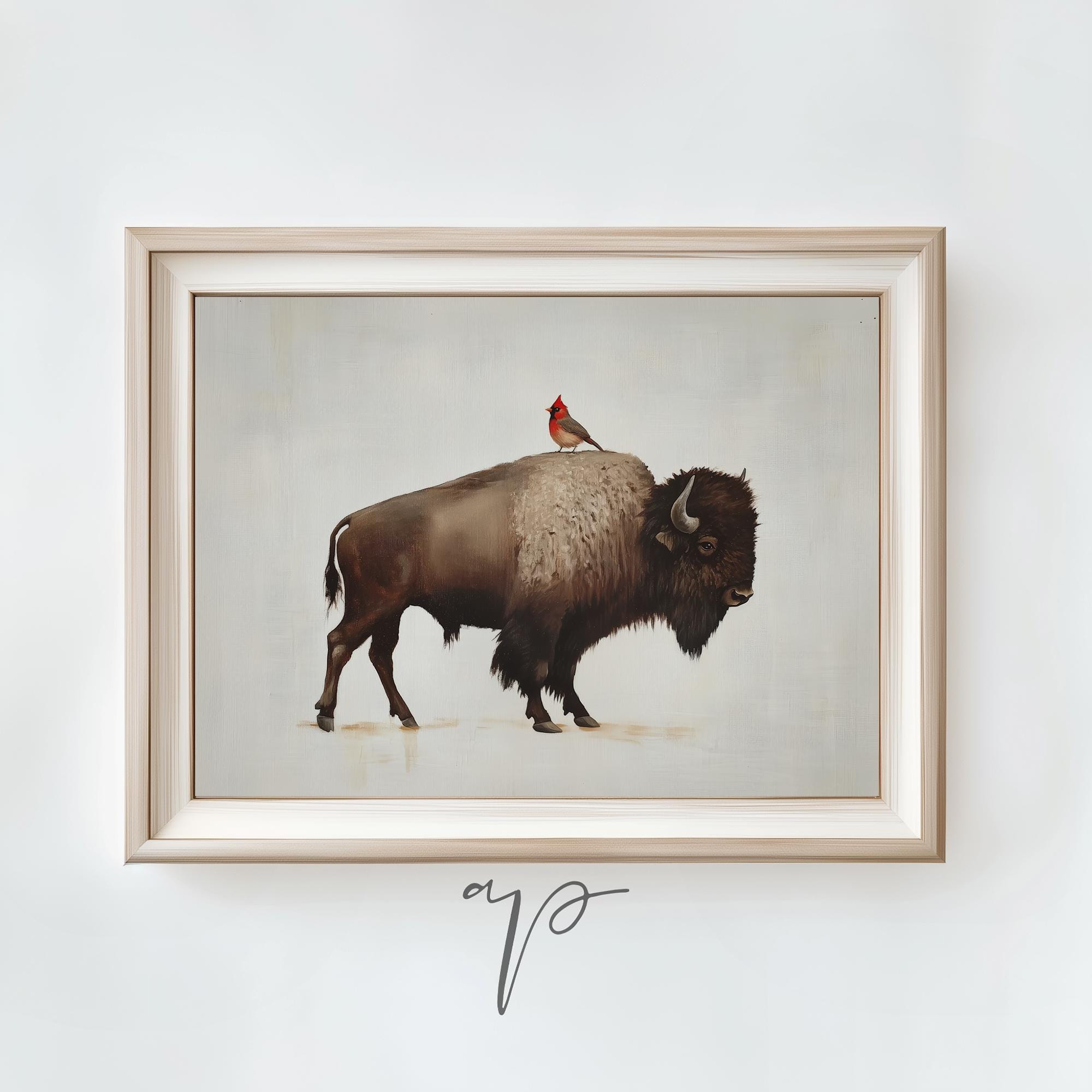 Yellowstone Buffalo & Cardinal Art Print, Vintage Bison Oil Painting ...