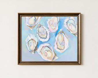 Pastel Oyster Shells Printable Wall Art, Coastal Kitchen Decor, Blue Abstract Art A102